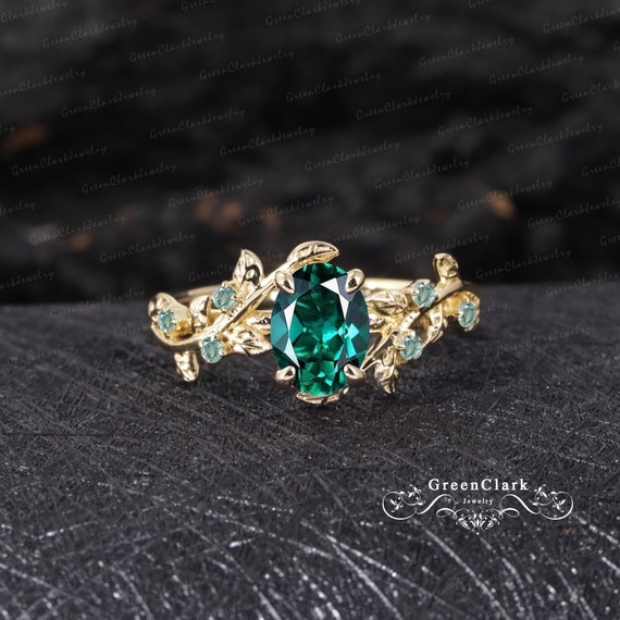 Vintage Emerald Engagement Ring Oval Cut Art Deco Leaf