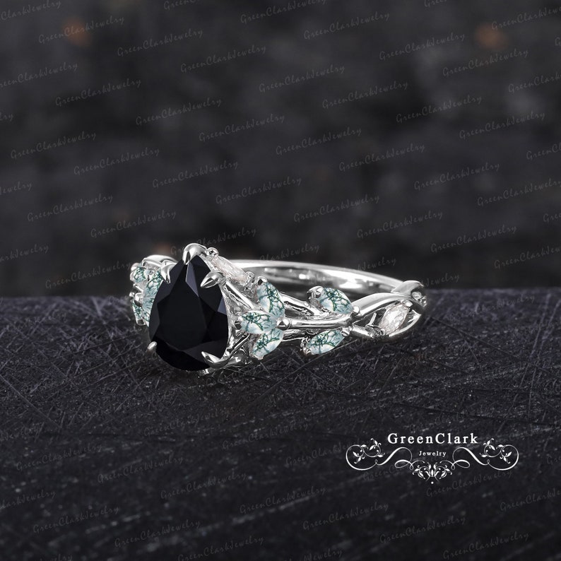 Unique pear cut black onyx engagement ring sets Art deco solid 14K white gold promise ring Nature inspired leaf bridal set Anniversary gifts Engagement ring
