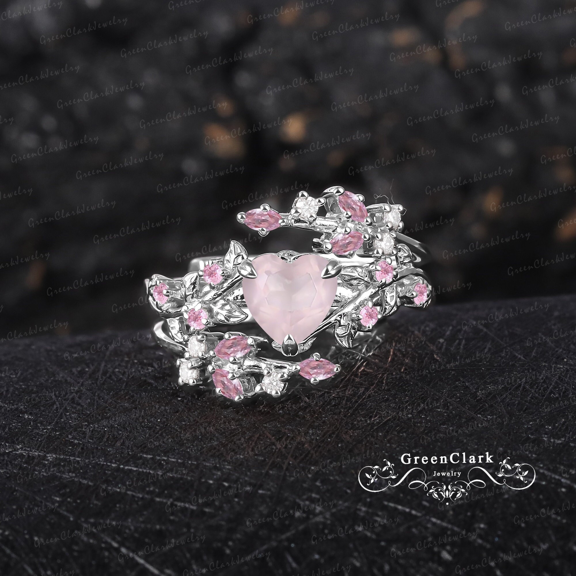Heart cut rose quartz engagement ring set Art deco leaf promise ring Nature inspired solid 14k white gold bridal set Handmade jewelry gift