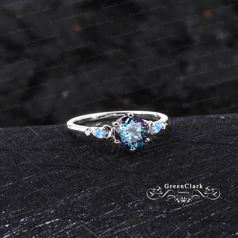 Unique alexandrite engagement ring Art deco five stones promise ring Vintage solid 14K 18K rose gold wedding Ring for women June birthstone image 8
