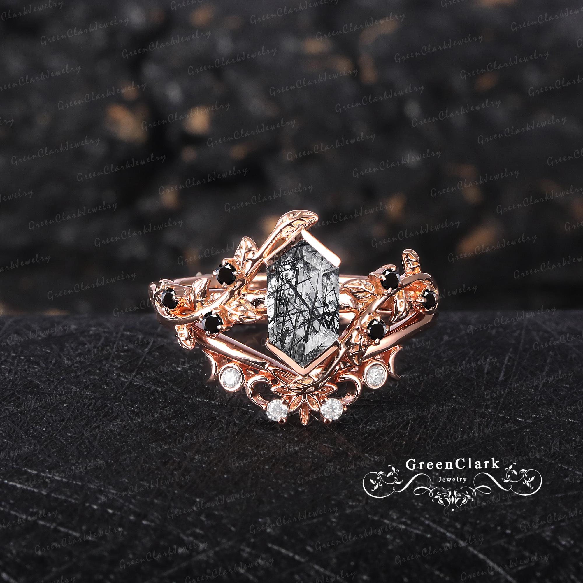 Long Hexagon Black Rutilated Quartz Engagement Ring Set Art