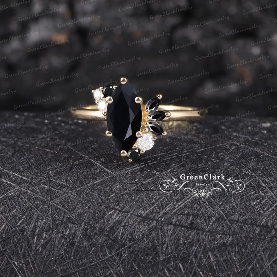Black Onyx Engagement Ring Art Deco Marquise Cut Gemstone