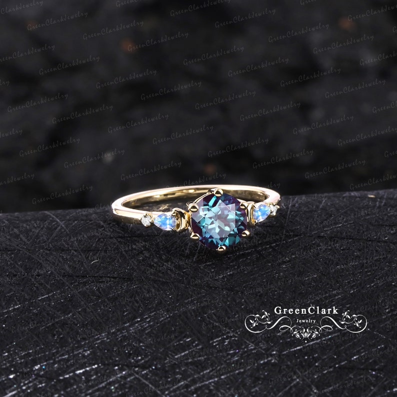 Unique alexandrite engagement ring Art deco five stones promise ring Vintage solid 14K 18K rose gold wedding Ring for women June birthstone image 6