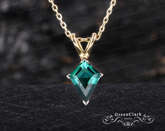 Unique kite cut green emerald necklace Solid 14k gold solitaire pendant Women personalized gemstone necklace Handmade jewelry gift for wife