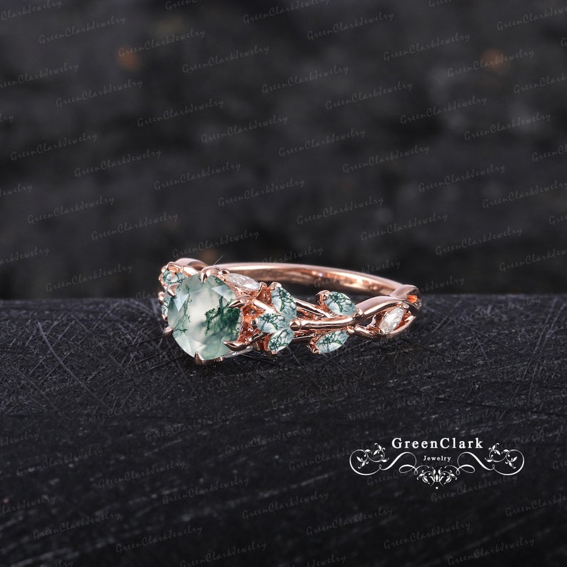 Vintage moss agate engagement ring Solid 14K white gold promise ring Nature inspired art deco leaf ring Unique Anniversary gifts for women image 8