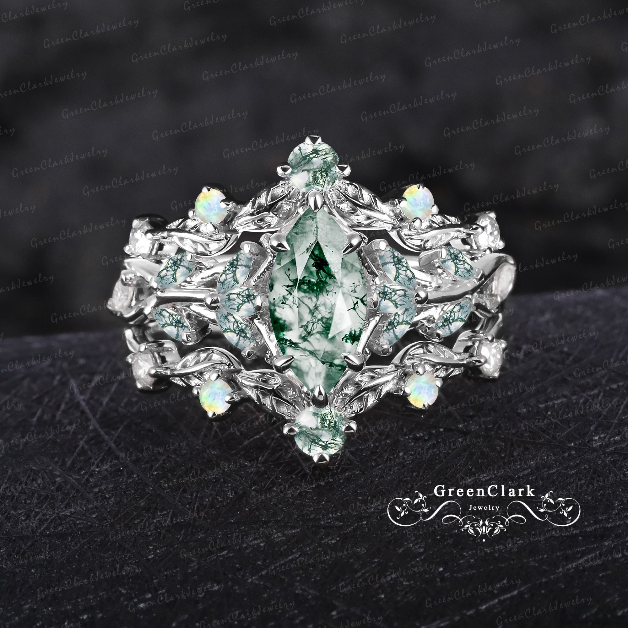 Unique marquise moss agate engagement ring set Art deco leaf promise ring Nature inspired solid 14K white gold 3PCS bridal set Jewelry gift