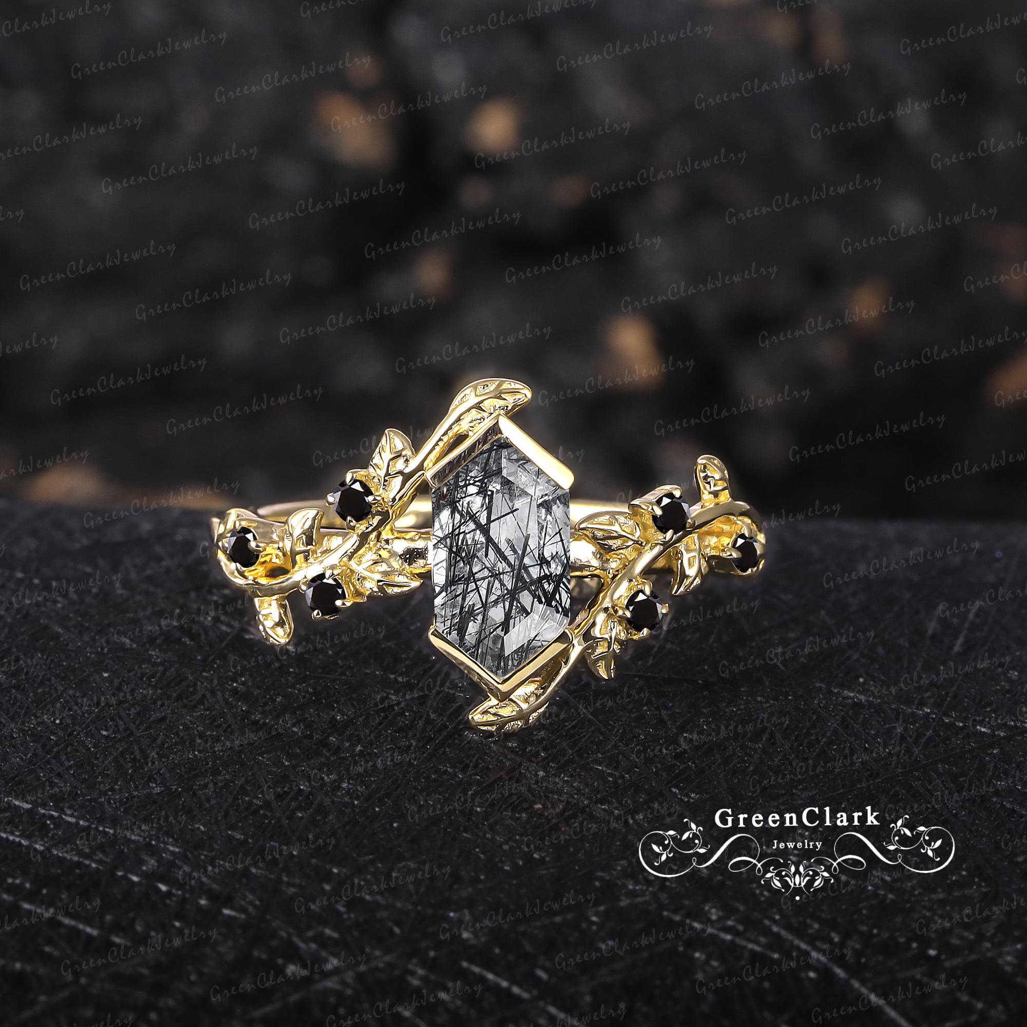 Long Hexagon Black Rutilated Quartz Engagement Ring Set Art