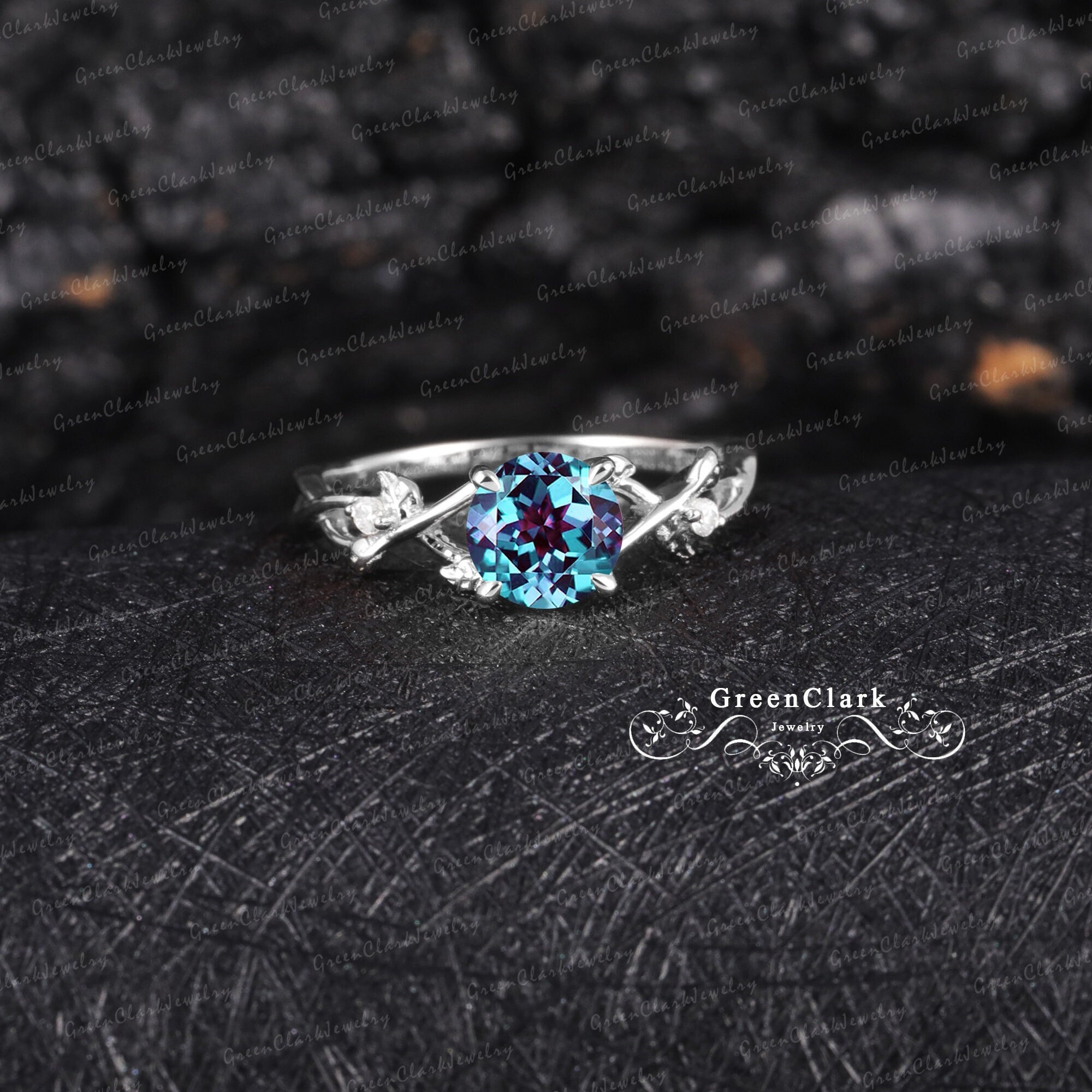 Alexandrite engagement ring Art deco promise ring 14k 18k solid white gold Vintage leaf ring Personalized jewelry Unique Anniversary gifts