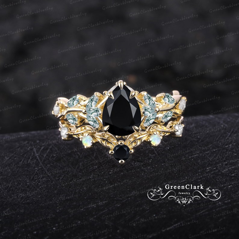 Unique pear cut black onyx engagement ring sets Art deco solid 14K white gold promise ring Nature inspired leaf bridal set Anniversary gifts image 8