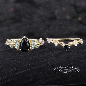 Unique pear cut black onyx engagement ring sets Art deco solid 14K white gold promise ring Nature inspired leaf bridal set Anniversary gifts image 9