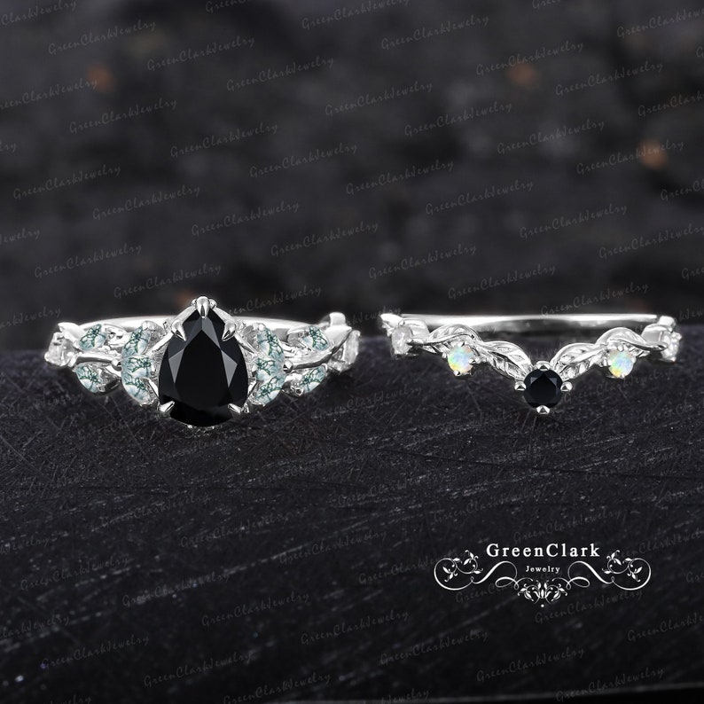 Unique pear cut black onyx engagement ring sets Art deco solid 14K white gold promise ring Nature inspired leaf bridal set Anniversary gifts image 5