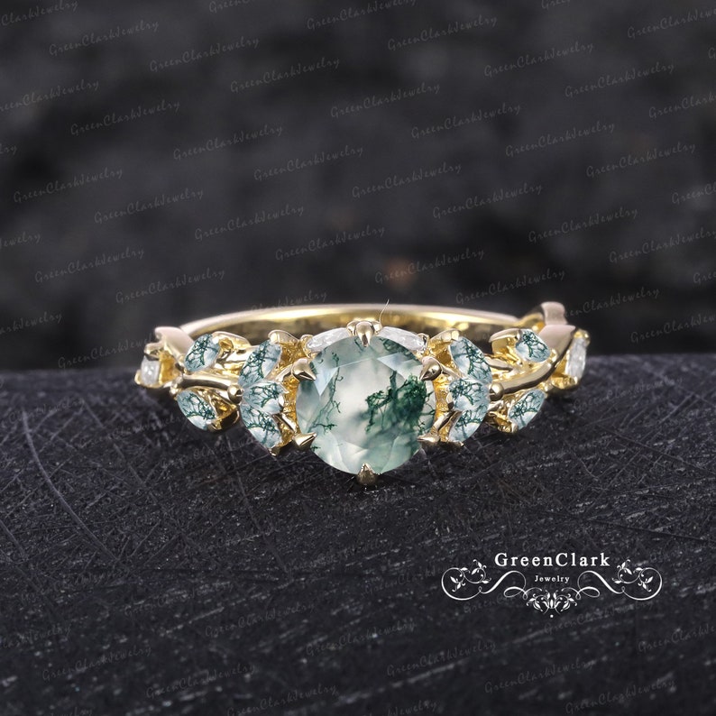Vintage moss agate engagement ring Solid 14K white gold promise ring Nature inspired art deco leaf ring Unique Anniversary gifts for women image 9
