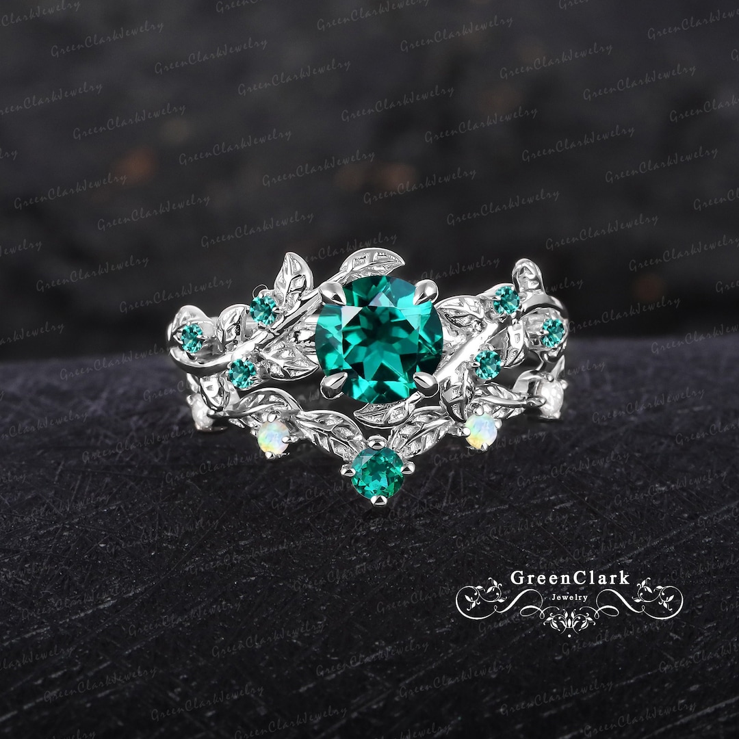 Unique Green Emerald Engagement Ring Set Art Deco Leaf Promise Ring ...
