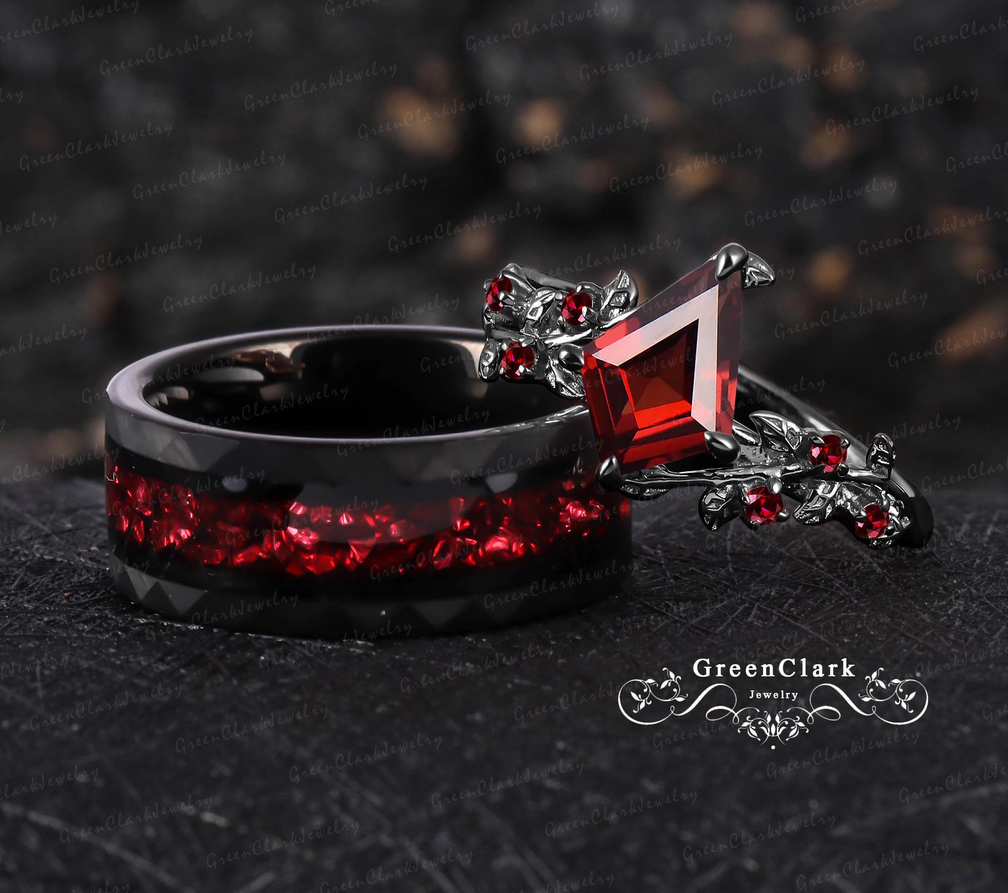 Kite cut garnet Couple's ring Red garnet men's wedding ring Art deco wedding band Vintage leaf engagement ring for women Unique jewelry gift