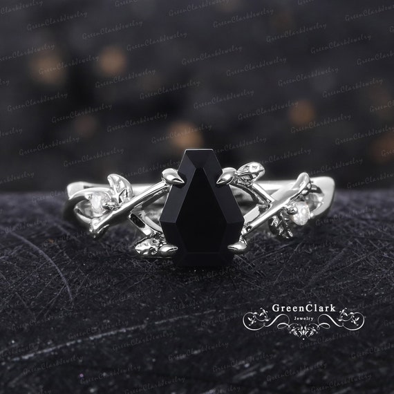 Vintage Coffin Cut Black Onyx Engagement Ring Solid 14k White Gold