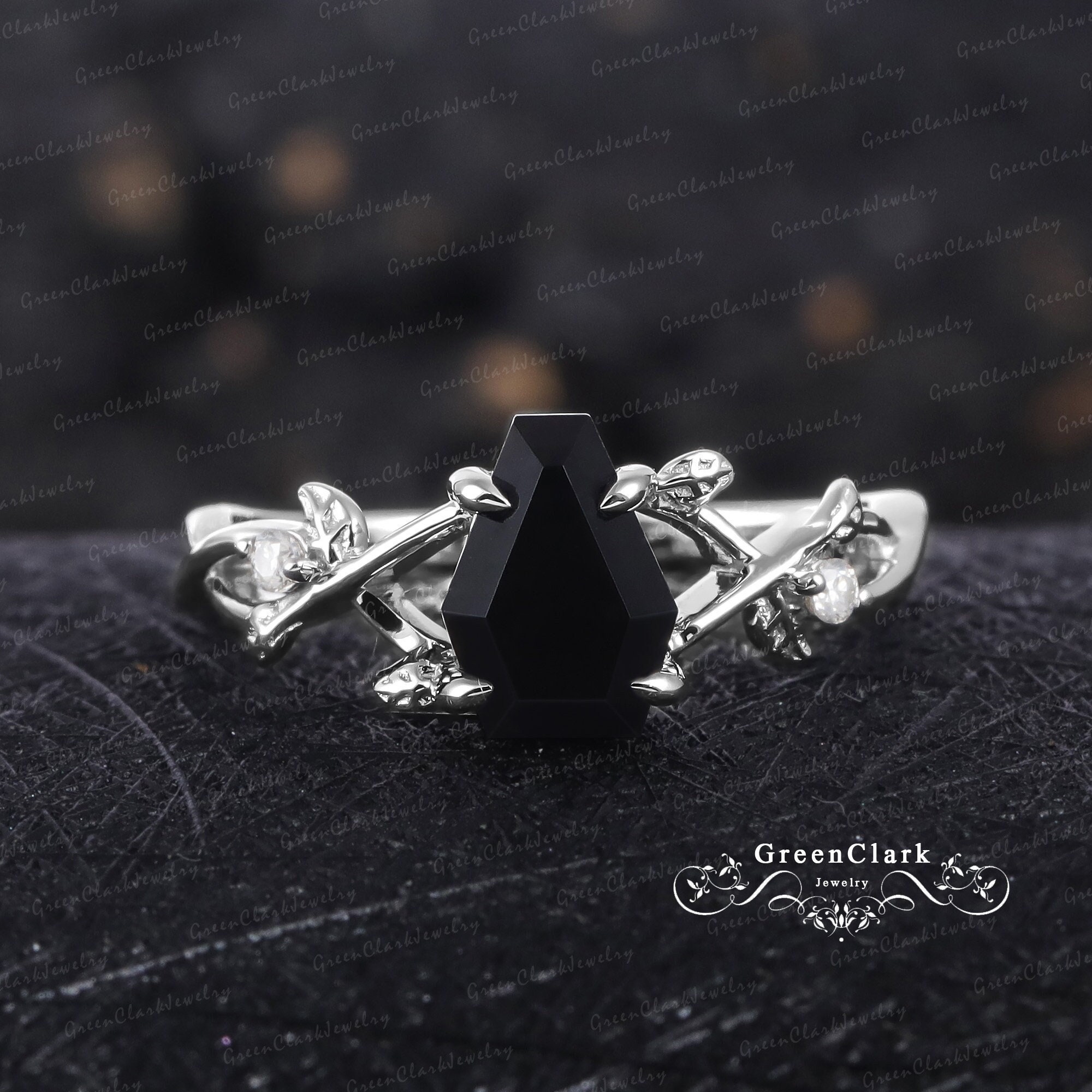 Vintage Coffin Cut Black Onyx Engagement Ring Solid 14k White Gold