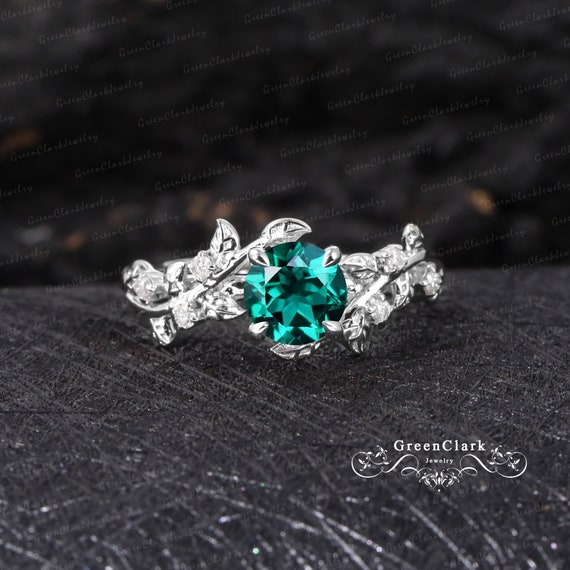 Vintage Emerald Engagement Ring Art Deco Leaf Silver Promise