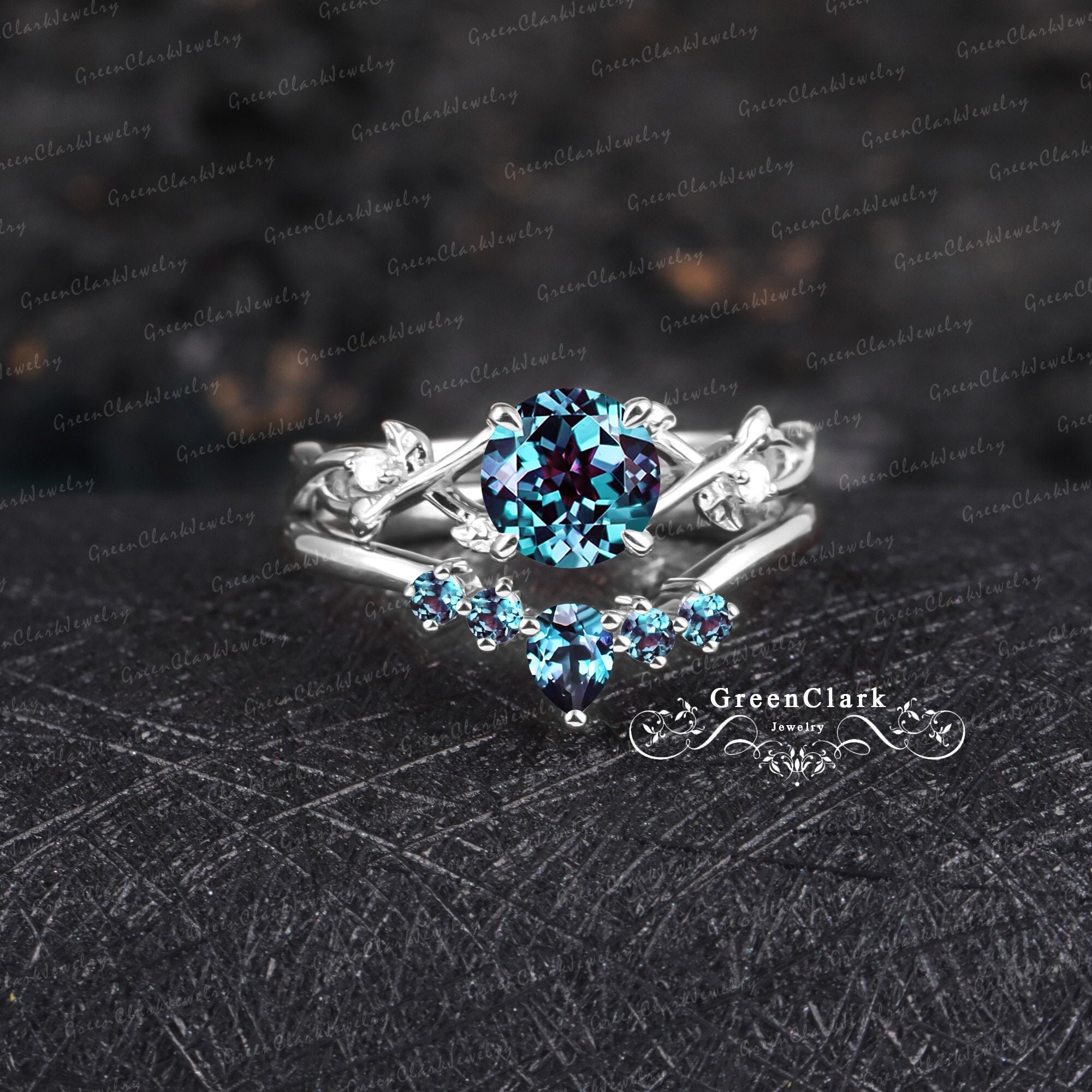 Vintage alexandrite engagement ring sets Art deco leaf silver promise ring Nature inspried white gold bridal sets Unique anniversary gifts