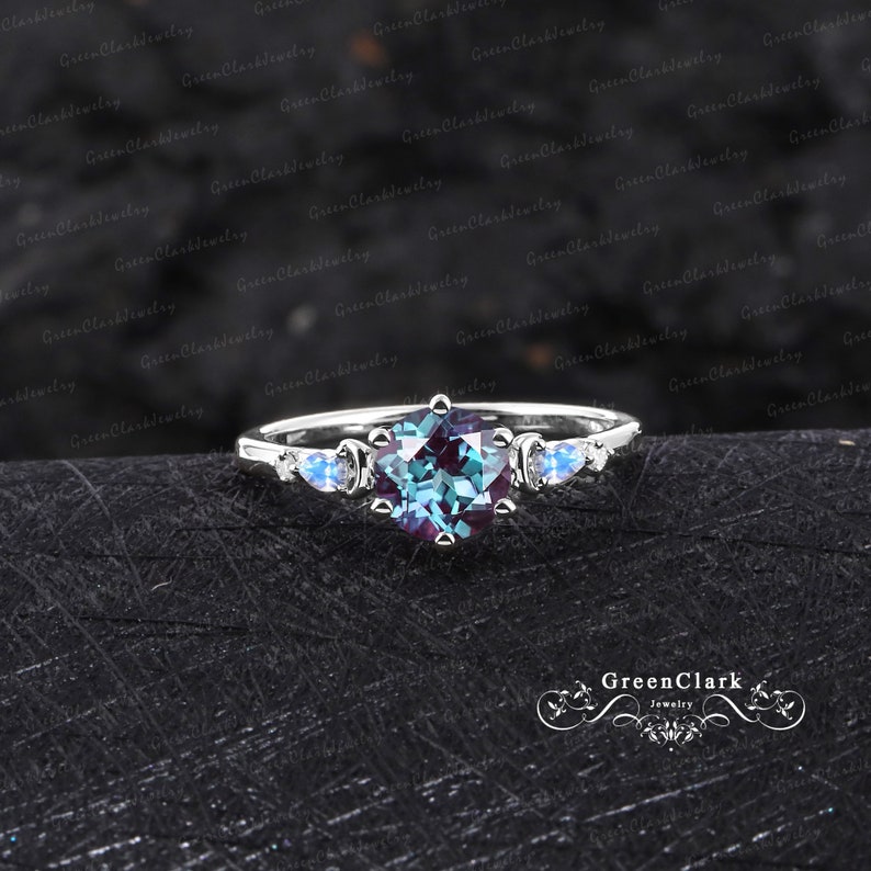 Unique alexandrite engagement ring Art deco five stones promise ring Vintage solid 14K 18K rose gold wedding Ring for women June birthstone image 9