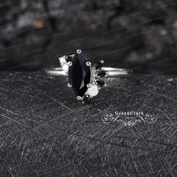arakata sacai College Ring-BLACK Black Onyx Engagement Ring Art Deco Marquise Cut Gemstone