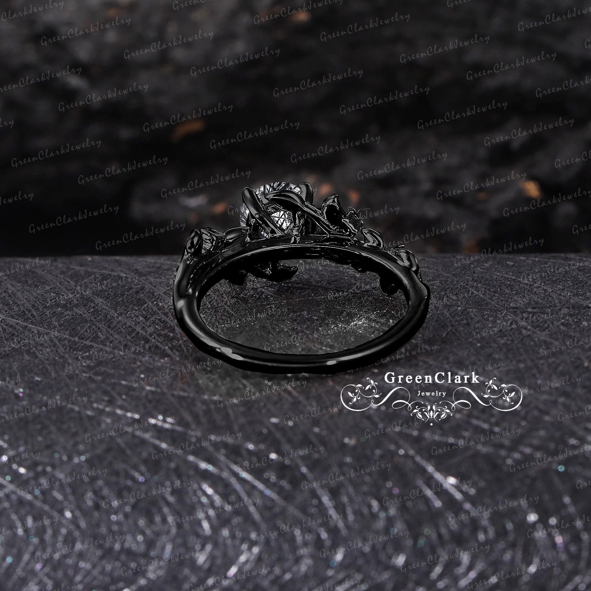 Gothic Black Rutilated Quartz Engagement Ring Unique Solid 14k