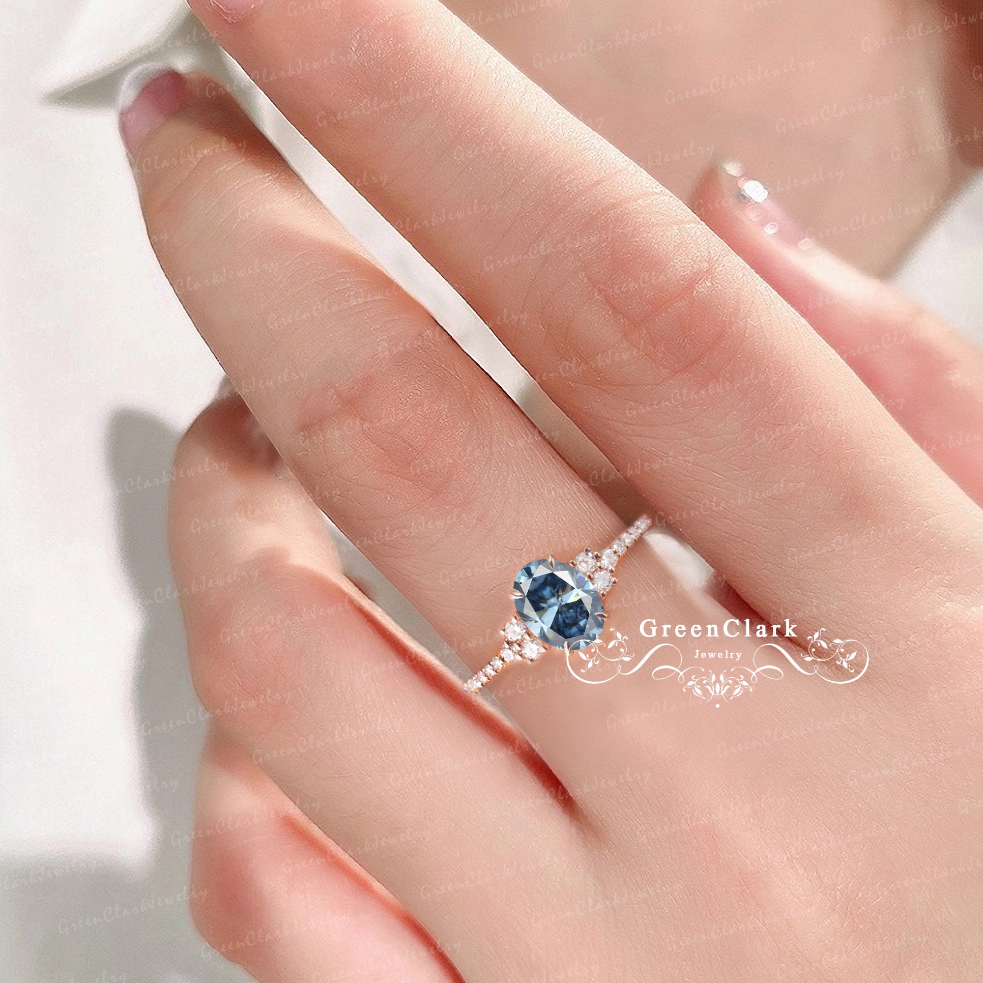 Blue Grey Moissanite Engagement Ring Art Deco Oval Cut Promise Ring 14k ...