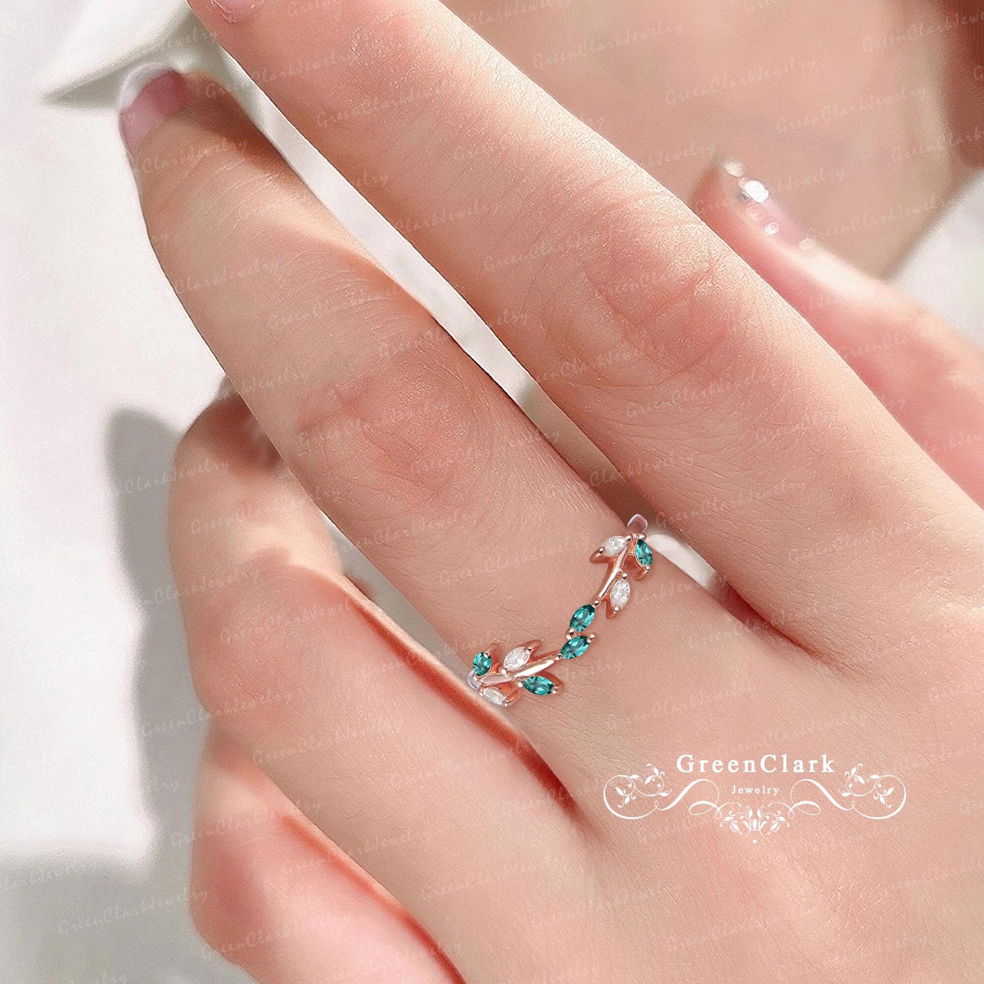 Unique emerald wedding ring Art deco solid 14k rose gold wedding band Nature inspired green gemstone leaf curved band Handmade jewelry gift