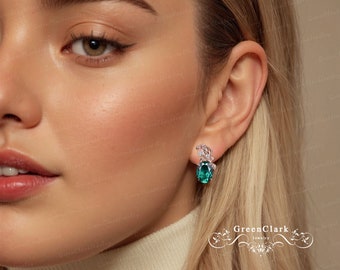 Unique oval cut emerald stud earrings Women solid white gold earrings Nature inspired gemstone leaf wedding earrings Handmade jewelry gifts