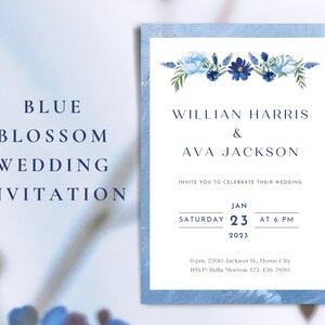 Blue Blossom Wedding Invitation | Royal Blue Wedding Templates | Blue flower Wedding Invitation | Canva Editable | Fully customizable