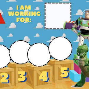 Puede incluir: Un tablero de historia imprimible con personajes de la franquicia de películas Toy Story. El tablero tiene cinco círculos en blanco para escribir o dibujar, numerados del 1 al 5. El texto "Mi historia" y "Estoy trabajando para:" está en la parte superior del tablero. Los personajes Woody y Buzz Lightyear están en el lado derecho del tablero.