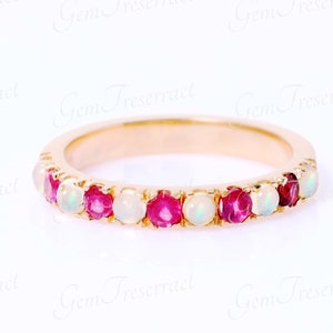 Natural Ruby and Opal eternity band ring, Half eternity ruby ring, opal Wedding Band, Stackable band, Woman band ring, Gift for her