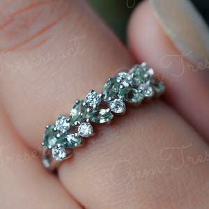 Unique Green Sapphire marquise cut wedding ring, Art deco natural green sapphire and moissanite eternity ring, Green Sapphire ring