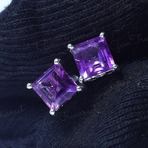 Square Amethyst Stud Earrings: Sterling Silver 925, 6MM Gemstone