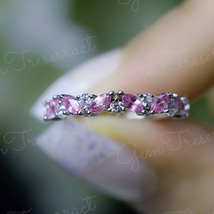 Marquise Pink Sapphire Half Eternity Ring: Art Deco Moissanite Band