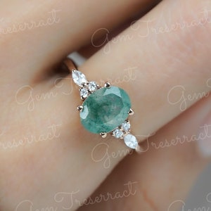 Natural Green Moss Agate Engagement Ring Oval Shape Green moss agate Rose Gold plated Ring Cluster Aquatic Agate Promise Ring Gift for her