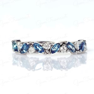Natural London blue topaz marquise cut half eternity wedding band ring, Art deco London topaz and moissanite eternity ring, Wedding Band