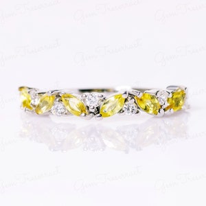 Natural Yellow Sapphire marquise cut half eternity wedding band ring, Art deco yellow sapphire and moissanite eternity ring, Wedding Band