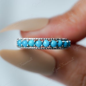 Natural Sleeping beauty turquoise Half eternity wedding band ring, 14k white turquoise Promise ring, Wedding Band, Turquoise Statement ring