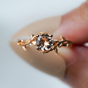Morganite Leaf Engagement Ring: Round Gemstone, Sterling Silver or Gold