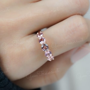 Pink Tourmaline 5 Stone Wedding Ring, Round  4 MM Tourmaline Wedding Band, Pink Tourmaline Engagement Ring, Tourmaline Ring