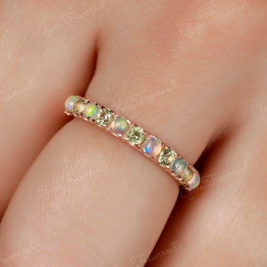 Unique opal and peridot eternity wedding band ring, peridot ring, opal ring, half eternity wedding band, stackable ring, pave set band
