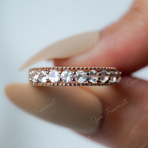 Natural moonstone half eternity band ring, Unique round cut pave set half eternity moonstone ring, Wedding Band, Bridal Ring, Statement Ring