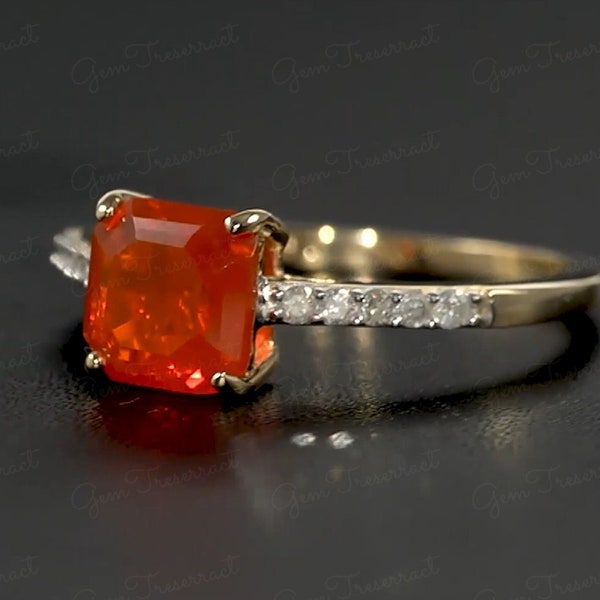 Natural Mexican Fire Opal Engagement Ring- Unit Asscher Cut Fire Opal Ring- Orange Fire Opal Ring -Bold Ring-Bridal Ring-Propose Ring gift