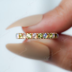 Unique opal and peridot full eternity wedding band ring, peridot ring, opal ring, full eternity wedding band, stackable ring, pave set band