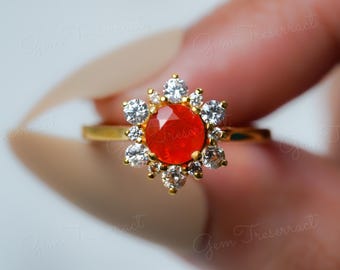 Anillo de ópalo de fuego Art Déco: detalles de moissanita, plata de ley u oro