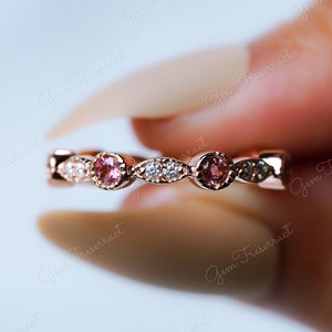 Natural Pink Tourmaline and moissanite full eternity band ring, Pink Tourmaline band Moissanite wedding Band, Stackable band