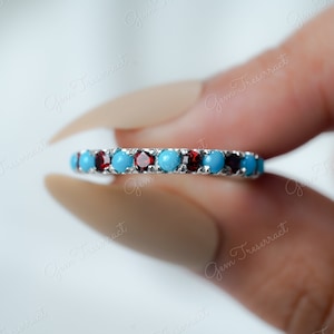 Sleeping Beauty Turquoise & Red Garnet Eternity Band Ring, Sterling Silver Wedding Band