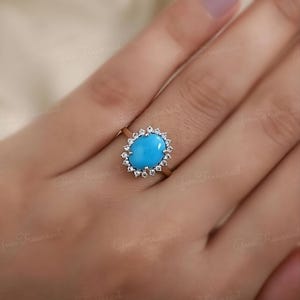 Sleeping Beauty Turquoise Ring: Oval Halo, Moissanite Accents