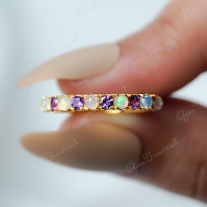 Natural opal and amethyst eternity wedding band ring, Amethyst band, opal band, half eternity wedding band, stackable ring, pave set band