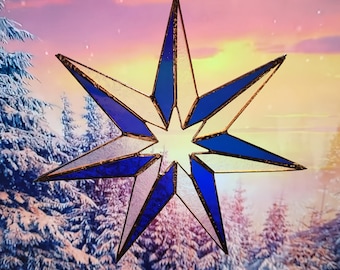 Grand attrape-soleil de Noël en vitrail, étoile. 8". Fabriqué à la main. Clair et bleu cobalt.